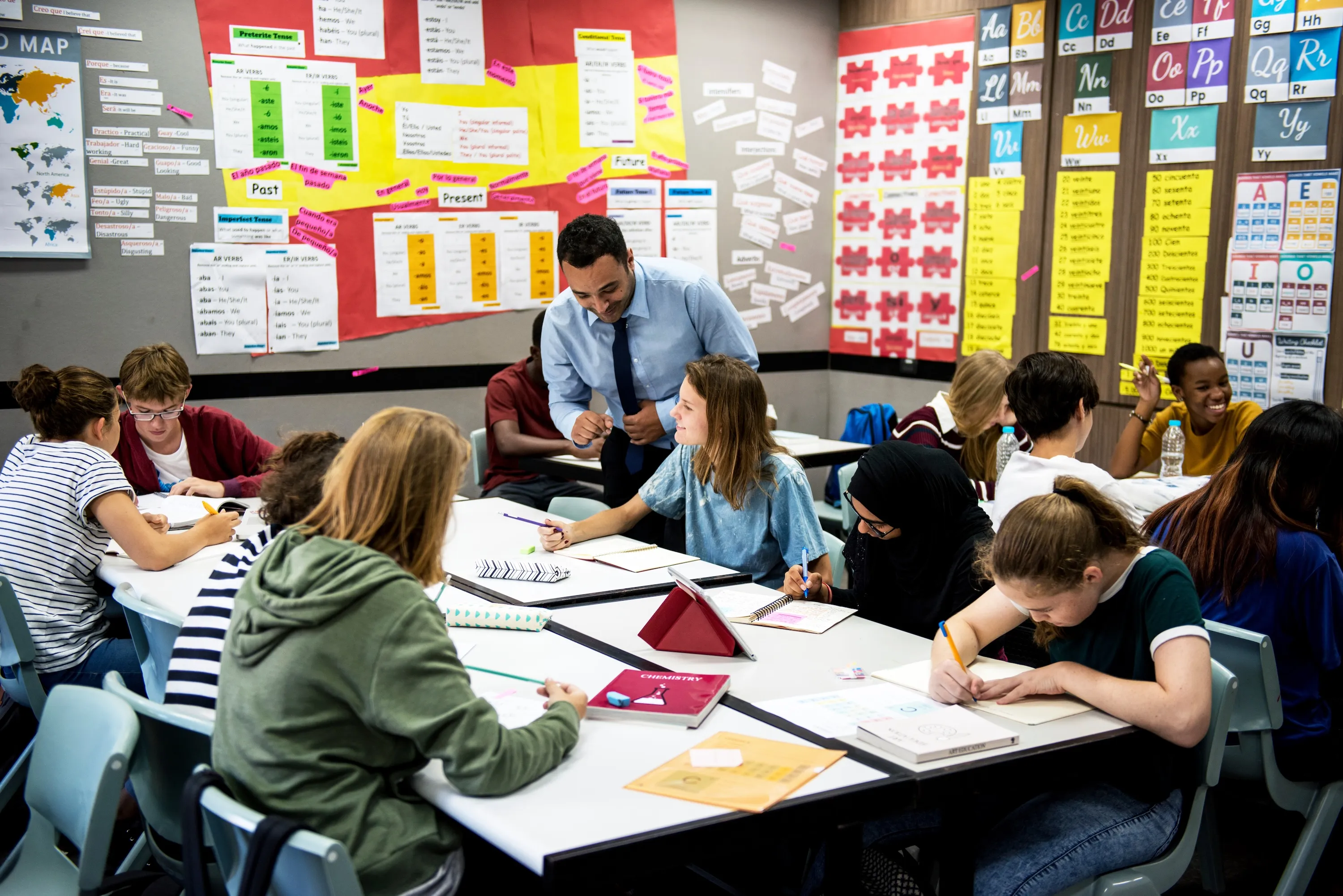 High school students collaborating in a classroom
